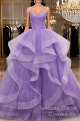 V Neck Open Back Fluffy Purple Tulle Long Semi Formal Prom Dress